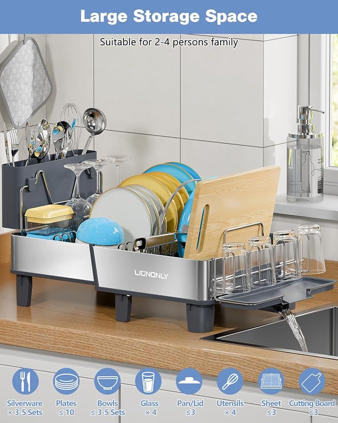 Dish Drying Rack, 304 Stainless Steel Expandable Dish Rack with Adjustable Drain Spout, Large Capacity Dish Drainer with Utensil Holder, Cup Holder and Cutting Board Rack for Kitchen Counter, Gray - Image 8