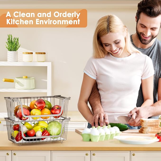 4 Pcs Stackable Wire Baskets for Pantry Organizers and Storage, Gray | Metal Baskets with Handles,Produce Potato Onion Storage Bin,Vegetable Fruit Basket for Countertop, Kitchen Storage - Image 5