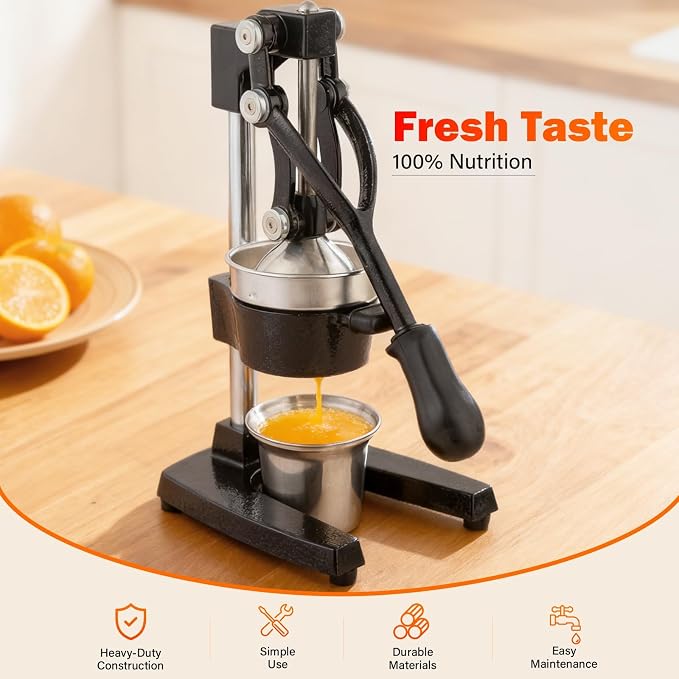 Manual Cast Iron Lemon Squeezer, Black Citrus Juicer | Detachable Cone, Free Stainless Steel Cup, Extracts Juice from Lemons, Oranges and Grapefruits, Easy to Clean - Image 2
