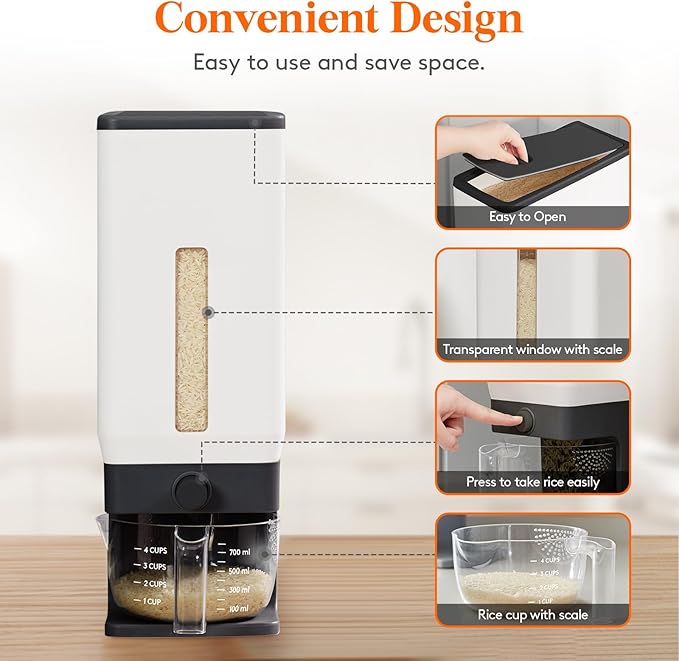 Lifewit Rice Dispenser 25 Lbs, Airtight Storage with Measuring Cup, Black | BPA-Free 11.3kg Capacity Storage Container for Beans, Corn & Other Small Grains, One-Press Dispensing Bin for Kitchen Pantry - Image 4