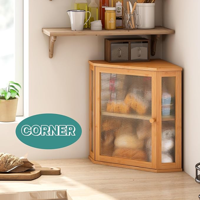 viewcare Corner Bread Box for Kitchen Counter, Bamboo Wood Large Capacity Bread Storage Bin with Acrylic Wavy Door Panel (Natural, Extra Large) - Image 2