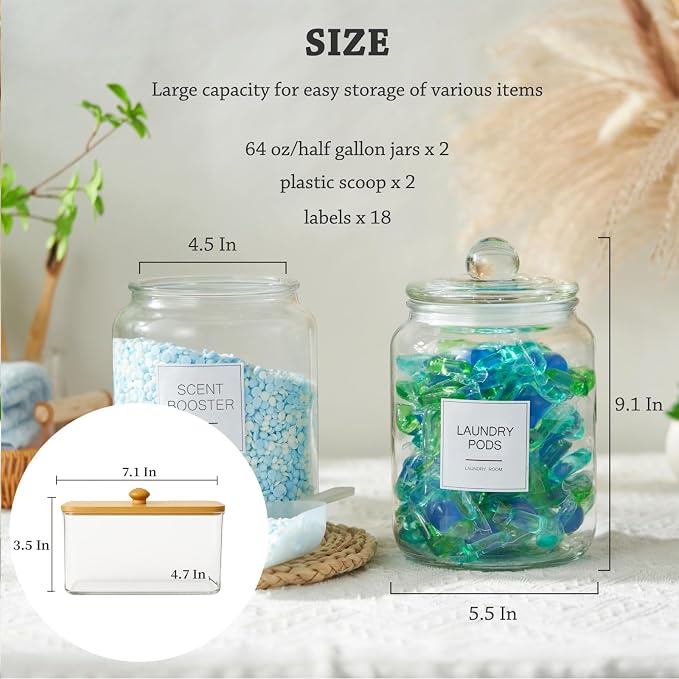 FyndraX Laundry Glass Jars with Dryer Sheets Holder, Containers with Scoop and Labels for Laundry Room Organization and Storage Detergents Pods or Powder, Scent Booster Beads, Set of 3 - Image 5