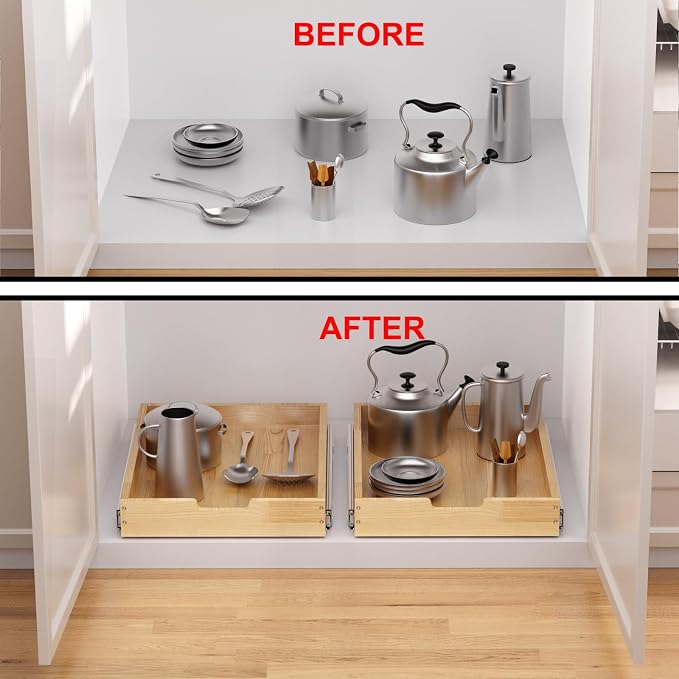 Sikarou Wood Pull Out Cabinet Organizer 14" W x 21" D, Heavy-Duty Sliding Drawers for Inside Cabinets Storage and Organization for Kitchen, Pantry, Bathroom - Image 6