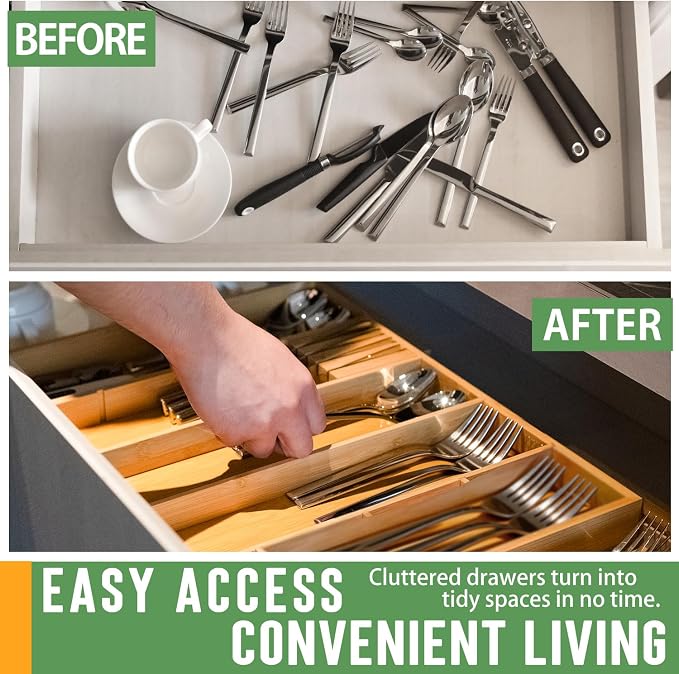 Bamboo Expandable Drawer Organizer, 15"-22" Storage Tray | Expandable 15"-22" bamboo drawer organizer with removable dividers, customizable storage for kitchen, makeup and office. - Image 3