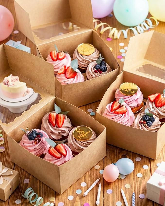 qiqee Auto-pop Up Cupcake Boxes with Window Brown 100PCS 4 Count Cupcake Box 6.3"x6.3"x3" Cupcakes Carrier, 4 Cupcake Containers - Image 6