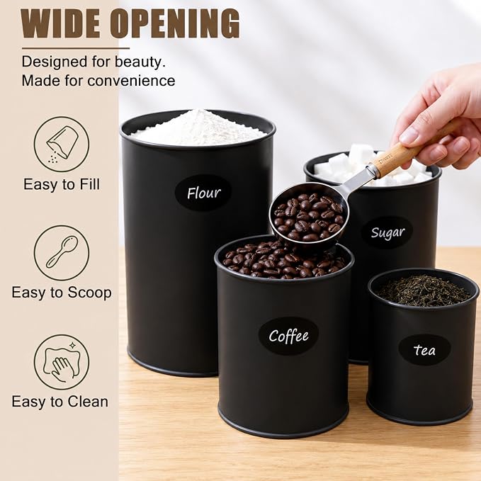 Kitchen Canister Set of 4 Airtight Metal Containers with Bamboo Lids, Black | Flour sugar coffee tea canisters set with bamboo lids, customizable chalkboard labels & marker pen - Image 6