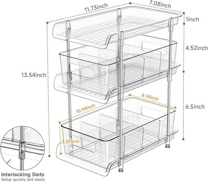 2Set 3 Tier Clear Bathroom Organizer with Dividers, Pull-Out Pantry Organization and Storage, Multi-Purpose Under Sink Organizers and Storage, Vanity Skincare Cosmetic Closet Organizer Medicine Bins - Image 3