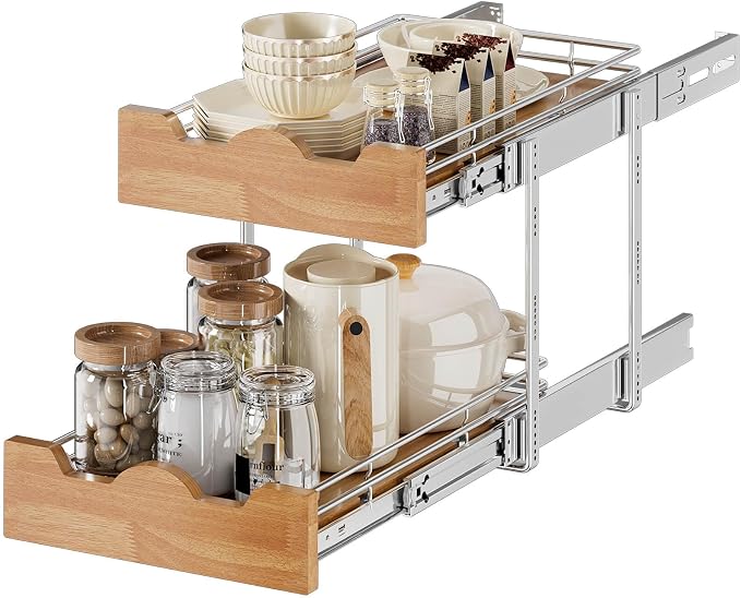 OCG Pull Out Cabinet Organizer 11" W x 21" D, 2 Tier Slide Out Shelf, Heavy-Duty Pull Out Drawer for Cabinets, Base Cabinet Organization for Kitchen, Pantry, Bathroom by OCG