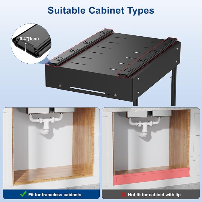 Insputer 2 Pack Under Sink Organizer, 2 Tier Under Cabinet Storage Expandable Width 9.8"-15" & Height Adjustable, Thickened Pull Out Shelf for Bathroom, Kitchen, Laundry, Pantry(Black) - Image 7