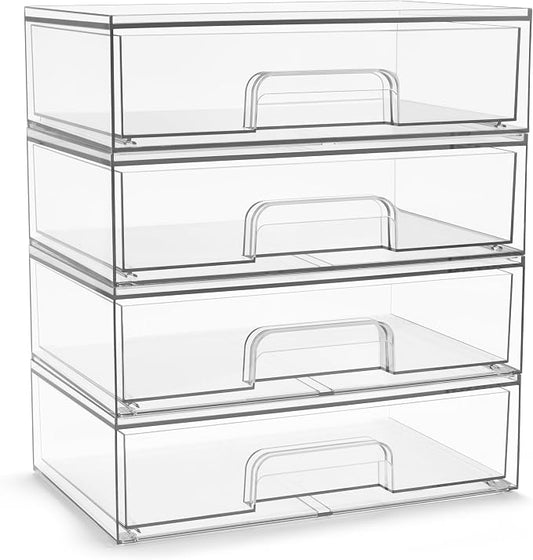 Sorbus Acrylic Storage Containers - 4 Pack, Stackable Storage Bins Set for Bathroom Organization - Clear Acrylic Drawer Organizers - Makeup Case Pull-Out Drawers (12.1’’ Wide) by Sorbus