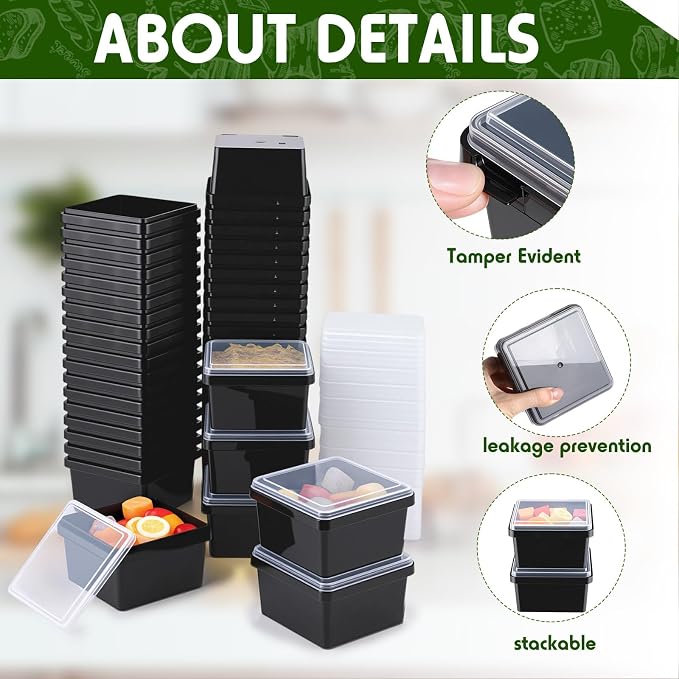 12 oz 50 Pack Small Square Deli Containers with Lids Plastic Freezer Food Reusable Meal Dessert Ice Cream Containers with Labels for Takeout Meal Storage Microwave Freezer Safe(Black) - Image 3