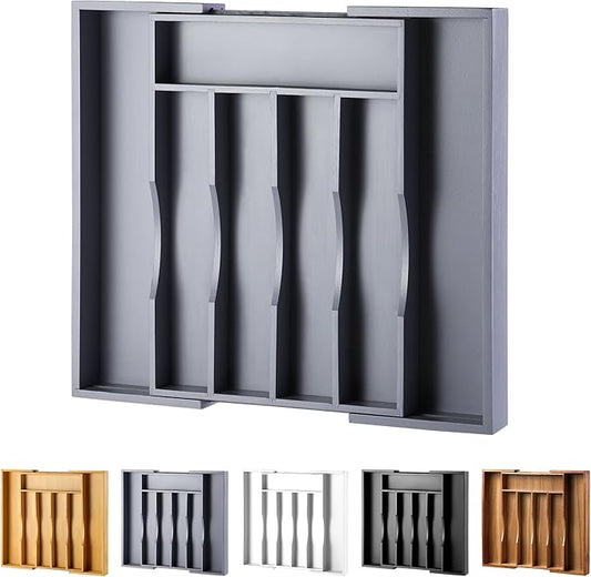 Expandable Bamboo Kitchen Drawer Organizer for Cutlery and Utensils, Adjustable Bamboo Wood Cutlery Tray in Drawer for Flatware and Silverware in Kitchen, (Grey) by oridom