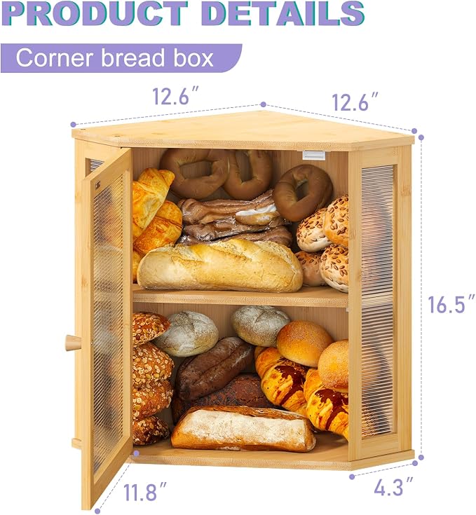 Corner Bread box for Kitchen Countertop,Farmhouse Bread Box with Acrylic Wavy Door Panel,Large Bread box for kitchen countertop,Food Storage Container (Natural, Extra Large) - Image 2