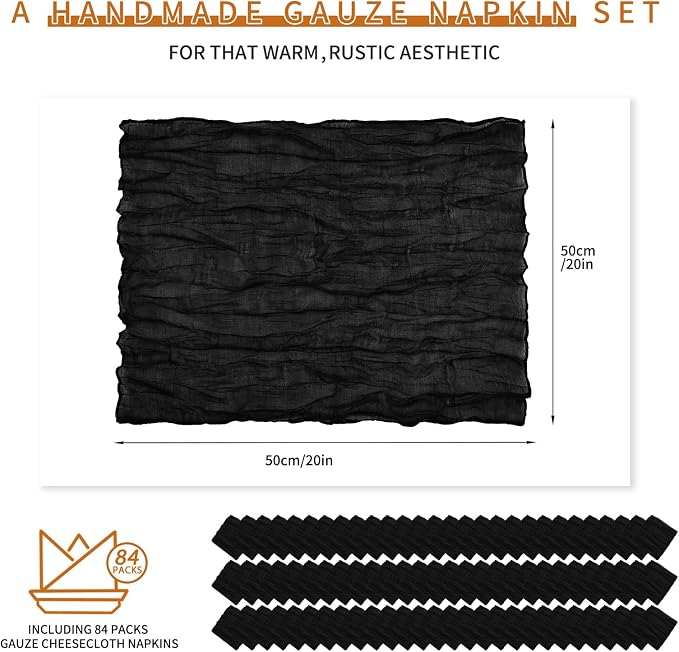 84 Packs Black Cheese Cloth Napkins 20 x 20 Inch Gauze Wrinkled Dinner Napkins, Rustic Boho Napkins Cloth Napkin for Wedding Party Event Dinner Table Decoration - Image 2
