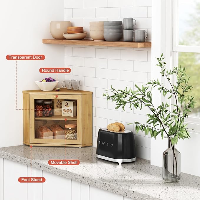 Goozii Bamboo Corner Bread Box for Kitchen Counter, 2 Tier Bread Keeper Wooden Round, Farmhouse Bread Storage Bin for Kitchen Countertop, Counter Organizer for Bread, Cup, Fruit, Spice, Snack - Image 5
