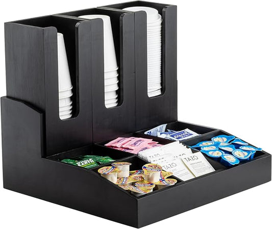 Tablecraft 12690 Coffee Condiment Organizer, 9 Compartments with 3 Removable Cup/Lid Holders, Bamboo Wood Painted Black, Ideal for Cafes, Breakfast Buffets, and Restaurants by TableCraft