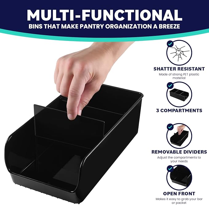 Black Storage Bins for Pantry - 3 Compartment Kitchen Cabinet and Cupboard Storage Organizers, Multipurpose Storage Bins for Snacks, Packets, Pouches, Spice Packets, Plastic Bin for Fridge - 6 Pack - Image 3