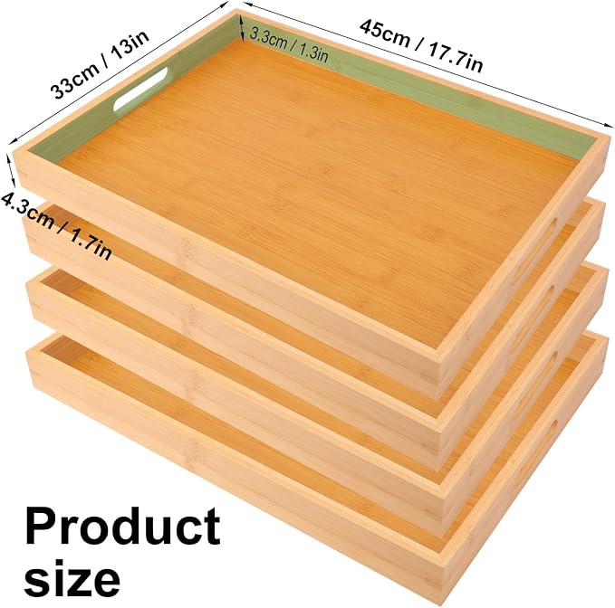 4 Pack Large Bamboo Serving Tray with Handles - 18 x 13 Inch Wooden Dinner Tray, Home Kitchen Decorative Tray, Breakfast Trays for Eating on Couch, Lap Trays, Coffee, Kitchen, Picnic - Image 2