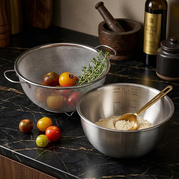 18/8 Stainless Steel Colander with Mixing Bowl, 3.5QT | 1 nesting mixing bowls with measurement marks and 1 fine 30-mesh strainers for rice,vegetables, pasta, baking, and food prep - Image 2