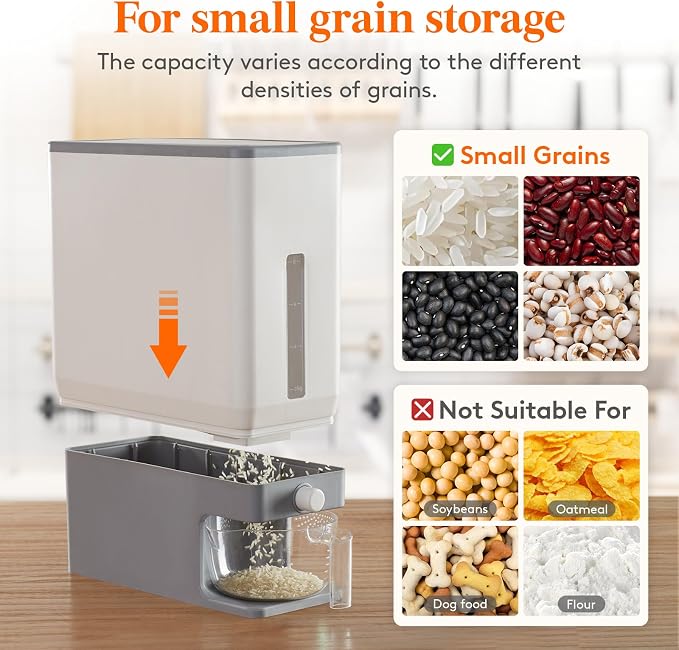 Lifewit Rice Dispenser 25 Lbs, Airtight Storage with Measuring Cup, Grey | BPA-Free 11.3kg Capacity Storage Container for Beans, Corn & Other Small Grains, One-Press Dispensing Bin for Kitchen Pantry - Image 6