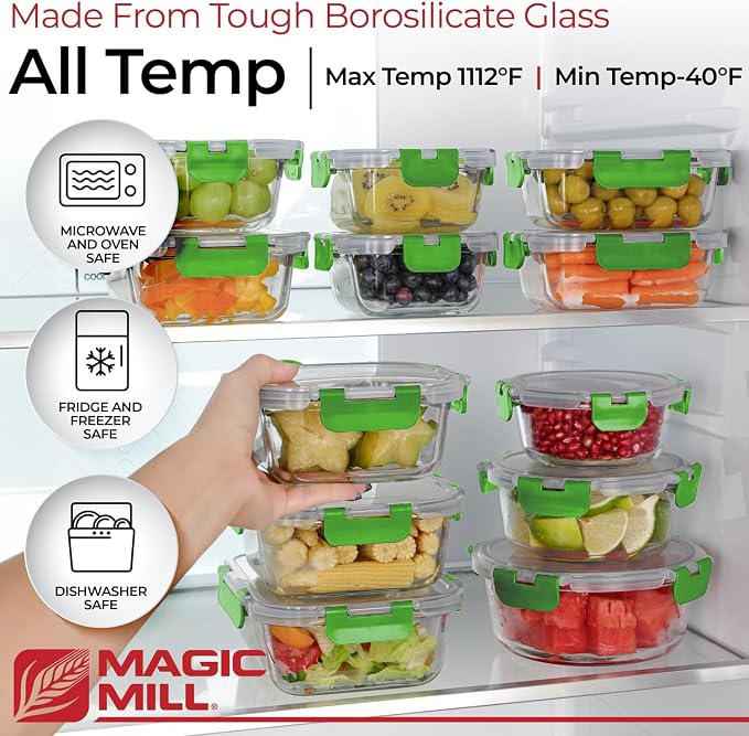 Magic Mill Premium Borosilicate Glass Food Storage Containers with lids Set | 24pc Sets with 12 Bowls & 12 Airtight Locking Lids for Lunch & Meal Prep, Safe for Oven, Freezer, Dishwasher, BPA-Free - Image 3