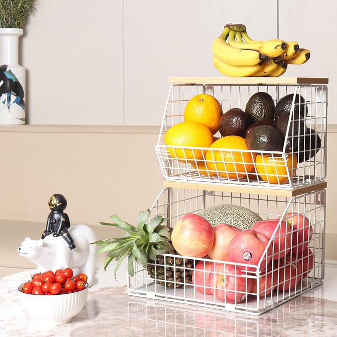 Mefirt White Fruit Bowl, 2-Tier Fruit Basket for Kitchen Counter, Stackable Wall Mounted Veggie Storage, Snack Organizer, Potato and Onion Storage Basket, Hanging Pantry Organizer with Wood Lid, 2 Set - Image 2