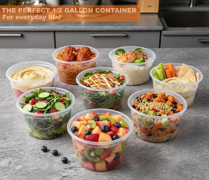64 oz (1/2 Gallon) Heavy Duty Round Plastic Deli Soup Containers with Lids, For Meal Prep Containers | BPA Free | Stackable | Leakproof | Microwave/Dishwasher/Freezer Safe (Pack of 10 Sets) - Image 2