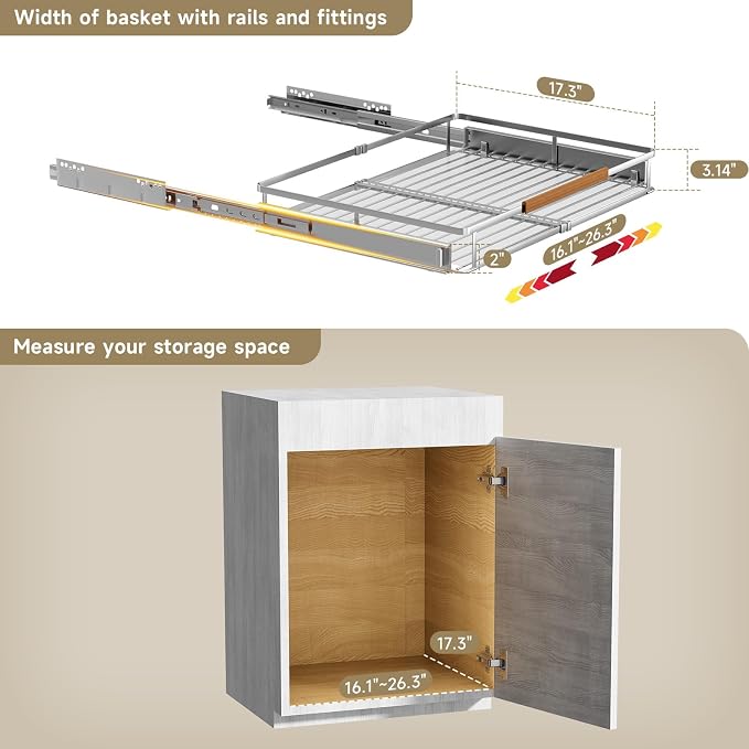 16.3~26.3"x17.3" Pull Out Cabinet Organizer，2Pack Expandable Sliding Cabinet Shelves，Side Mounting - Image 2