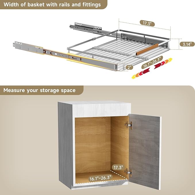 16.3~26.3"x17.3" Pull Out Cabinet Organizer，1Pack Expandable Sliding Cabinet Shelves，Side Mounting - Image 2