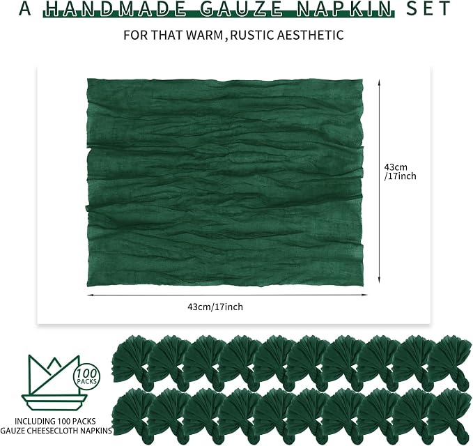 100 Pieces Cloth Napkins Emerald Green Dinner Cheesecloth Napkins for Wedding,Wrinkled Cloth Napkins Bulk for Home Party Rustic Table Decoration, 17 x 17 Inch - Image 2