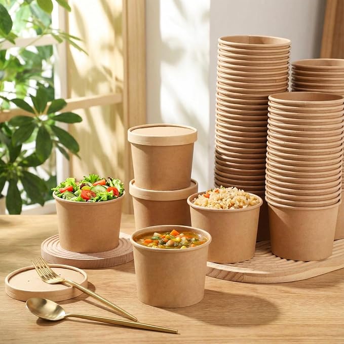 Fulmoon 100 Pack Paper Soup Containers with Lids Disposable Paper Food Containers with Vented Lid Kraft Ice Cream Cake Dessert Cups Soup Bowl for Party Hot Food Fruit Microwave(20 oz,Brown) - Image 7