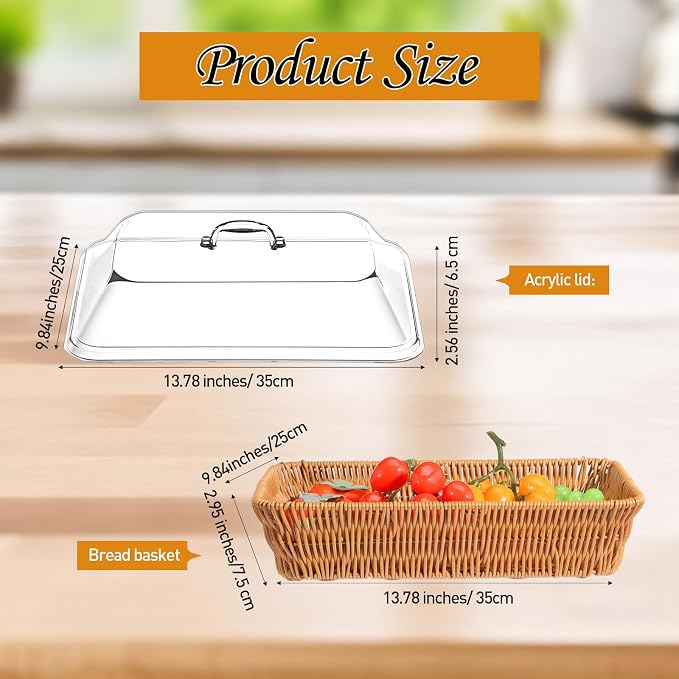 2 Set Wicker Bread Basket for Serving with Acrylic Lid Cover Imitation Rattan Bread Basket Woven for Fruit Summer Picnic BBQ Pool Party Outdoor Housewarming Gift(13.78" X 9.84") - Image 2