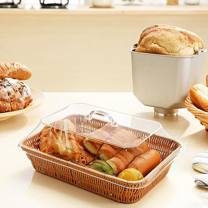 Rattan Bread Baskets, 3 Pack, rectangular Woven Baskets with Acrylic Lids, 13.8 x 9.8 inches, Stainless Steel Tongs, Lace Doilies, for Bread, Fruit, Food Display - Image 5
