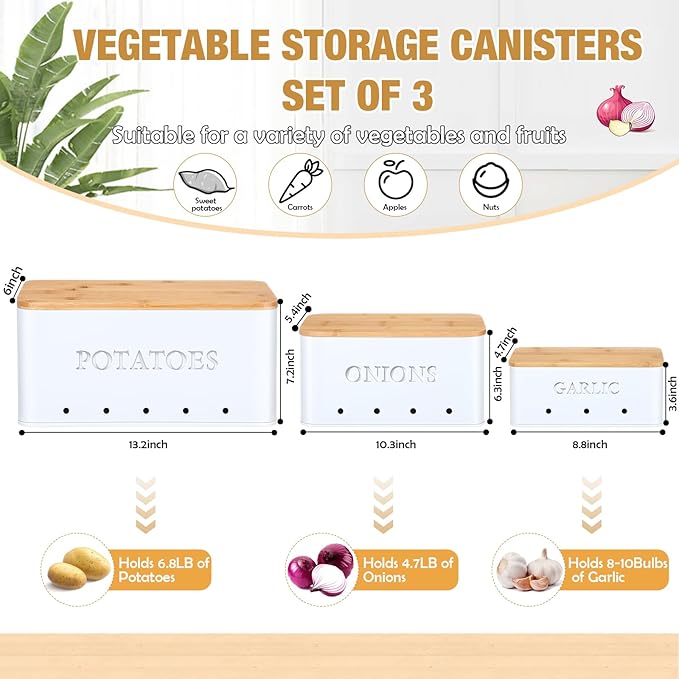 Honeydak 3 PCS White Potato Onion Garlic Storage Bins Set, Metal Vegetable Keeper Containers with Lids Aerating Holes for Kitchen Counter Pantry Keep Fresh Longer Farmhouse for Sweet-potato Fruit - Image 2