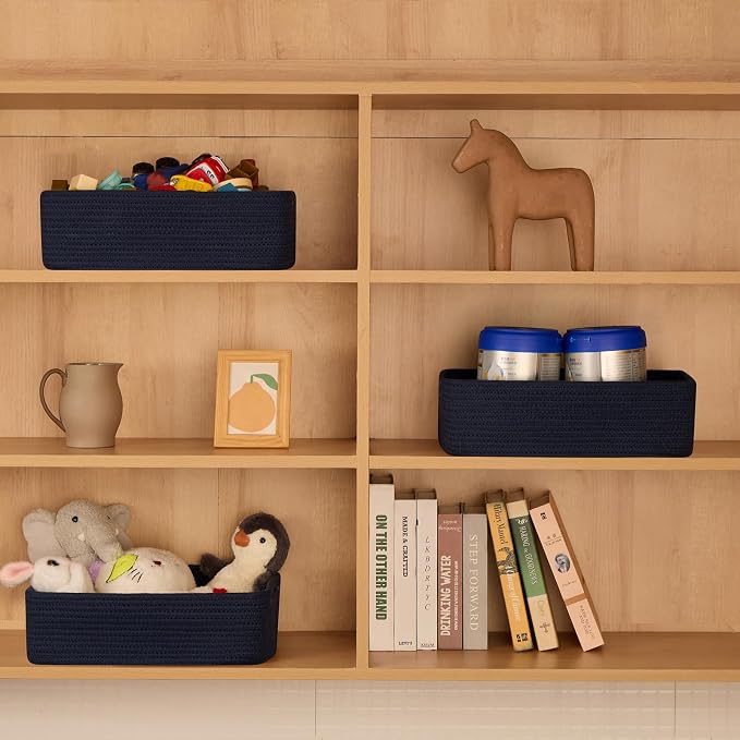 MiniArk Large Shallow Organizing Baskets 15x11x5.1 Inches - Rope Woven Storage Bins for Bathroom, Shelves, Cube Closet, Navy Blue 2 Packs - Image 3