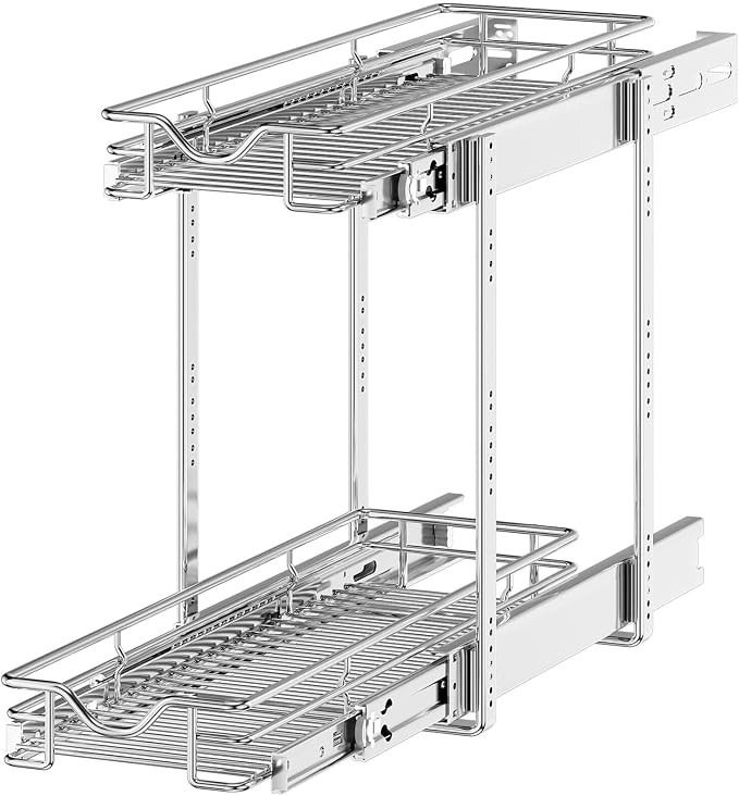 OCG 2 Tier Pull Out Cabinet Organizer (7.5" W x 21.5" D), Pull Out Drawers for Kitchen Cabinets, Pull Out Shelves for Base Cabinet Organization in Kitchen Bathroom Pantry, Chrome Finish by OCG