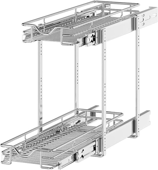OCG 2 Tier Pull Out Cabinet Organizer (7.5" W x 21.5" D), Pull Out Drawers for Kitchen Cabinets, Pull Out Shelves for Base Cabinet Organization in Kitchen Bathroom Pantry, Chrome Finish by OCG