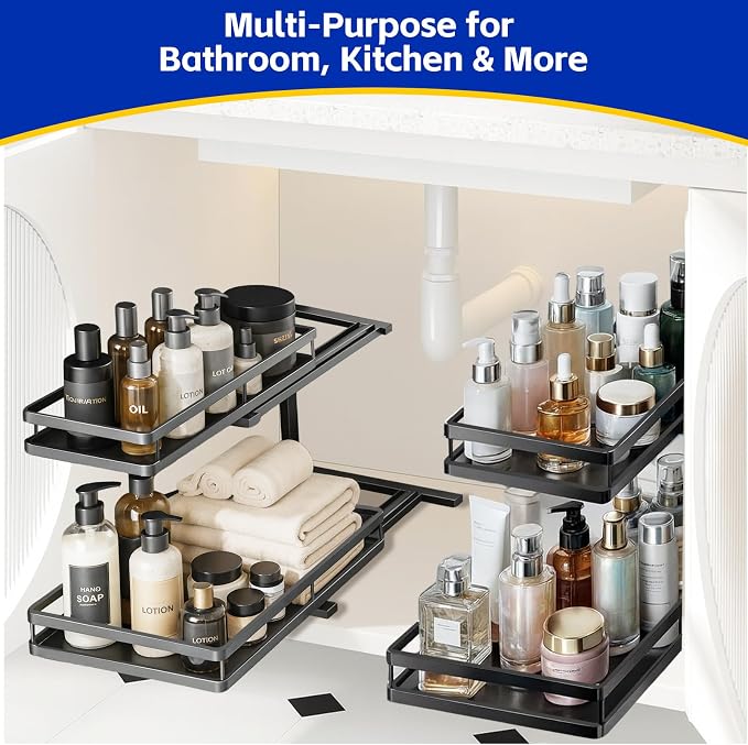 2-Tier Metal Pull-Out Under Sink Organizer, Black, 1 Pack | Carbon steel, ball-bearing pull-out, 6-level adjustable, no-drill setup, for under-sink pipes and bottles - Image 8