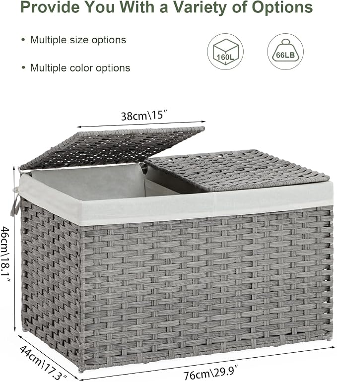 SETVSON Storage Basket with Lid Wicker Baskets for Storage, 160L Gray | Dual Lid Jumbo Blanket Storage Trunk, Divided Clothes Organizer, 2 Washable Liner Bags, Collapsible PE Rattan Bin - Image 4