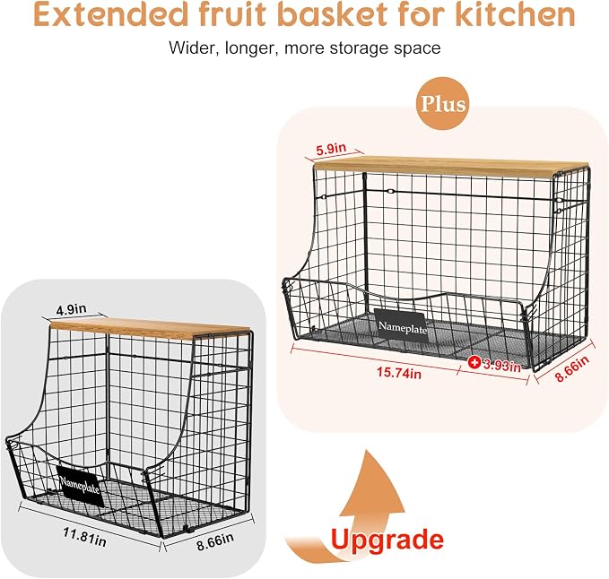 3 Pack Extra Large Fruit Basket for Kitchen with Wood Lid Nameplate - Counter&Wall Mounted Onion and Potato Storage Bin, Stackable Metal Hanging Wire Baskets,15.74 * 8.66 * 10.63 inch - Image 2