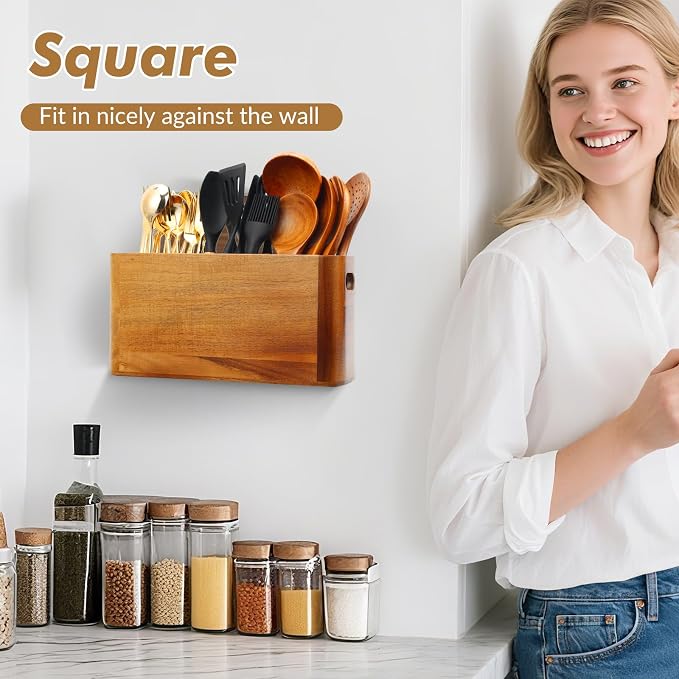 Kitchen Utensil Holder for Counter or Countertop, Extra Large Acacia Wood Organizer with 3 Compartments, Wooden Storage for Cooking and Silverware, Rustic Minimalist Decor, Sturdy Utensil Crock - Image 2