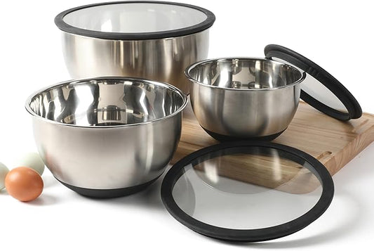 Calphalon Mixing Bowl Set, Stainless Steel Mixing Bowls With Lids, 3-Piece Stainless Steel Mixing Bowls with Glass Lids & Non-Slip Silicone Base, Prep and Storage Bowls Dishwasher Safe by Unknown