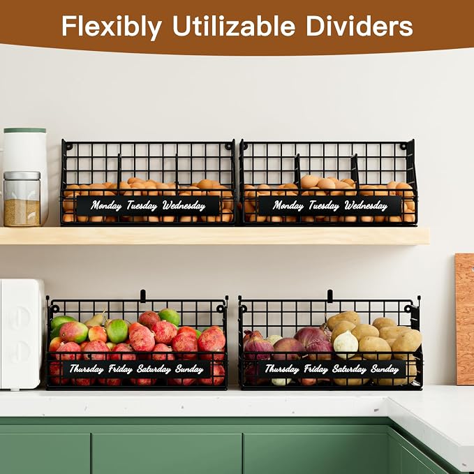 Egg Basket, Stackable Wall Mount Egg Holder Countertop with Weekday Labels | Rustproof carbon steel basket with adjustable dividers, ideal for backyard poultry, small kitchen & pantry storage, Black - Image 2