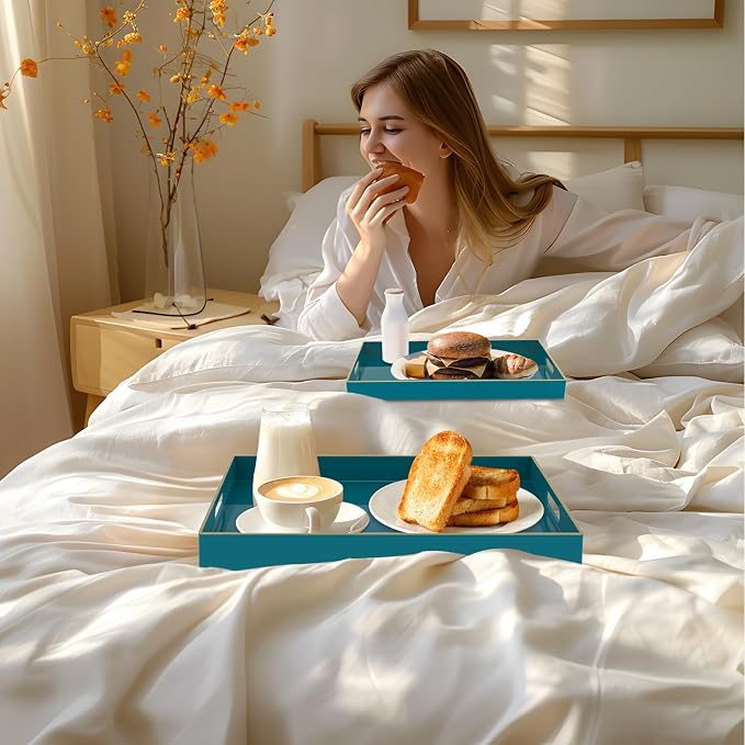 Green Serving Tray with Handles, Plastic Decorative Tray Set of 2 | Decorative Tray for Coffee Table, Modern Ottoman Tray, Rectangle Melamine Tray for Living Room, 15.8"L x 10.2"W x 1.4"H - Image 6