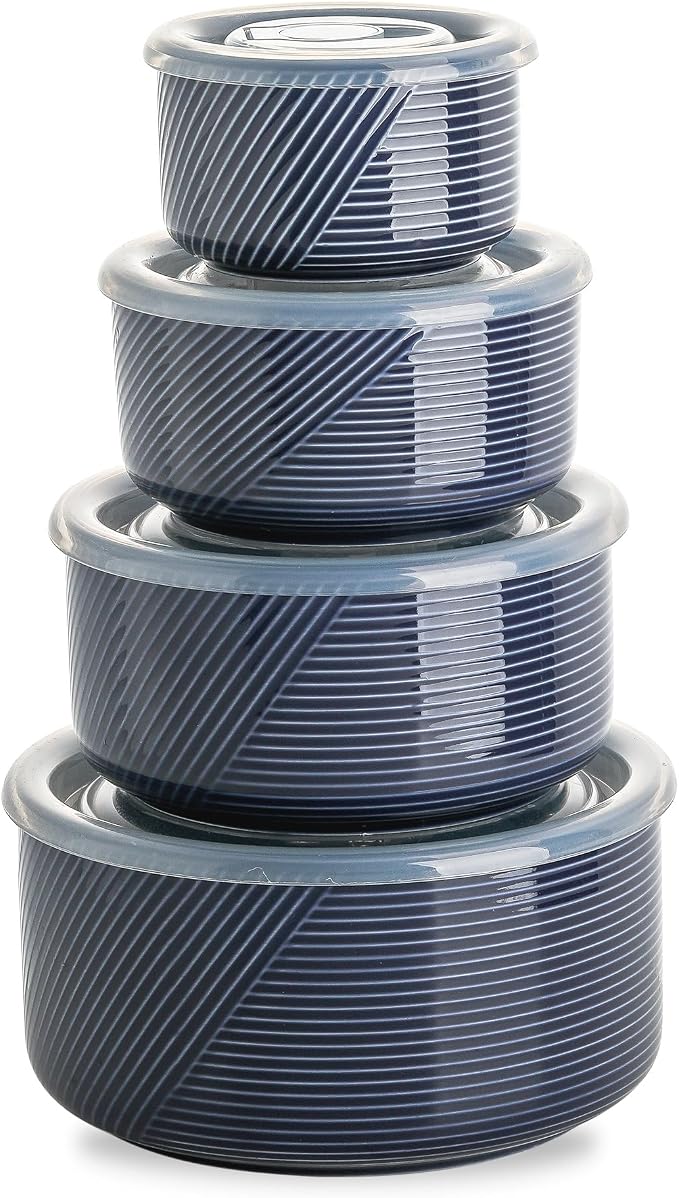 Ceramic Nesting Bowls with Lids, Set of 4, Navy | 50/32/20/10 oz Mixing Bowls with Lids - Porcelain Food Storage Containers For Prep and Serving, Microwave Safe by Adewnest