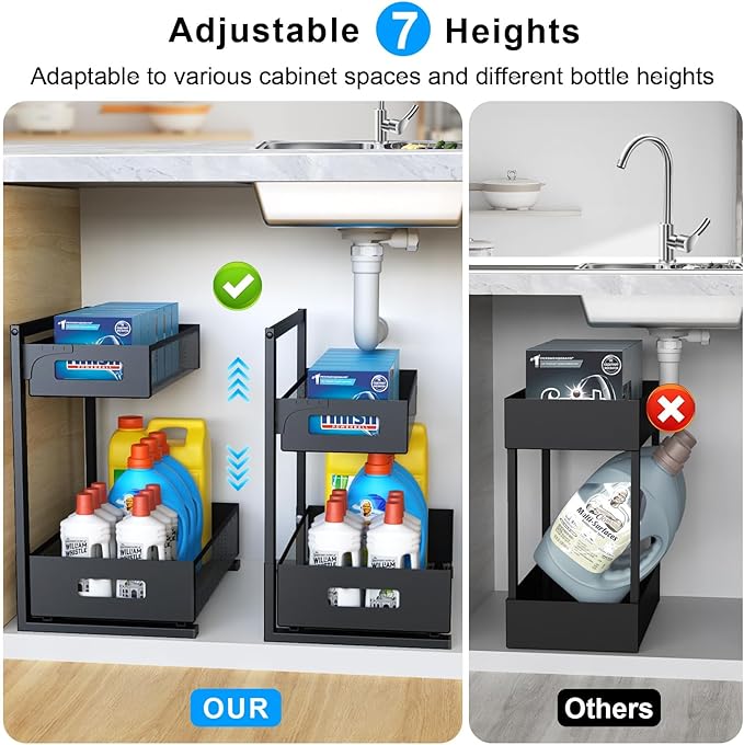 Petiza Under Sink Organizer Pull Out Cabinet Organizer Adjustable Height 2 Tier with Sliding Drawers Kitchen Bathroom Organizer and Storage(1pc) - Image 2