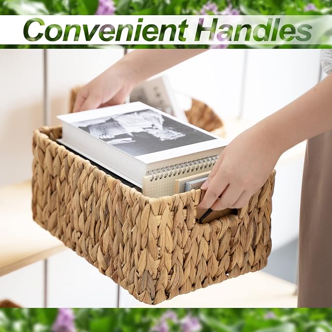 FairyHaus Wicker Baskets 15x11x7 & 13.4x9.5x6.5, 2 Pack Handmade Big Wicker Storage Basket with Handles, Natural Water Hyacinth Wicker Baskets for Storage Shelves Organizing, Rectangle Wicker Basket - Image 4