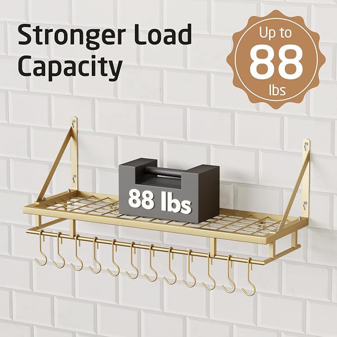 KES 30-Inch Gold Pot Rack, Wall Mounted Hanging Pot and Pan Organizer | 12 Sturdy Hooks, Elegant Modern Kitchen Wall Hanger Shelves, KUR215S75A-GD - Image 3