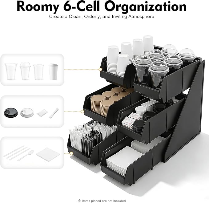 Condiment Organizer 6 Compartment 3 Tier, Coffee Station Organizer Storage Bin, Plastic Condiment Holder, Coffee Bar Organizer for Straws, Lids, Cups, Sugar Packets, Home Cafe Restaurant - Image 4