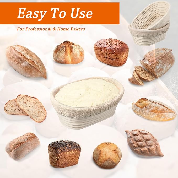 Nalcant 4 Pack Oval Banneton Proofing Basket Set 10 Inch, Natural Rattan Sourdough Bread Baskets with Linen Liners, Artisan Dough Rising Bowls for Home & Professional Bakers (10" Oval, Set of 4) - Image 4